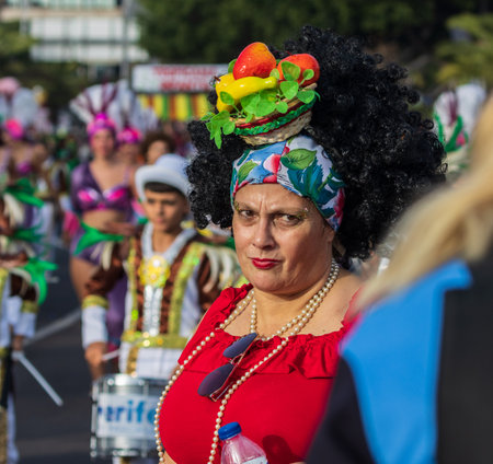 SANTA CRUZ DE TENERIFE, SPAIN - FEBRUARY 13, 2024: The Coso parade, Cavalcada - along the Avenida de Anaga, official end of Carnival. Amazing warm evening, joyful people in carnival costumes have fun.のeditorial素材