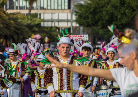 SANTA CRUZ DE TENERIFE, SPAIN - FEBRUARY 13, 2024: The Coso parade, Cavalcada - along the Avenida de Anaga, official end of Carnival. Amazing warm evening, joyful people in carnival costumes have fun.のeditorial素材