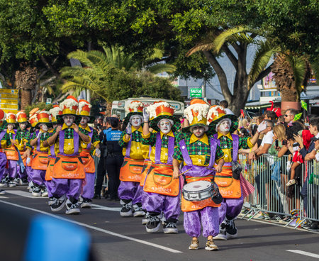 SANTA CRUZ DE TENERIFE, SPAIN - FEBRUARY 13, 2024: The Coso parade, Cavalcada - along the Avenida de Anaga, official end of Carnival. Amazing warm evening, joyful people in carnival costumes have fun.のeditorial素材