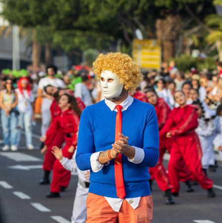SANTA CRUZ DE TENERIFE, SPAIN - FEBRUARY 13, 2024: The Coso parade, Cavalcada - along the Avenida de Anaga, official end of Carnival. Amazing warm evening, joyful people in carnival costumes have fun.のeditorial素材
