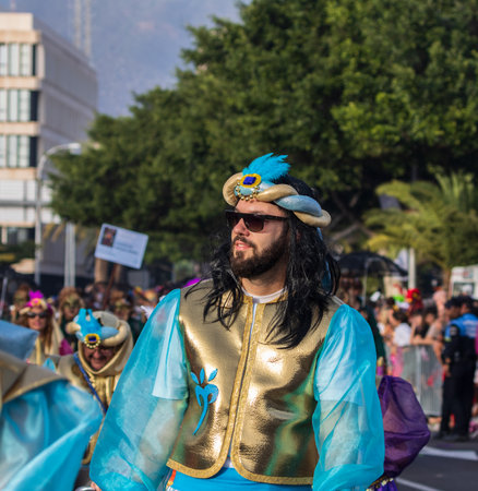 SANTA CRUZ DE TENERIFE, SPAIN - FEBRUARY 13, 2024: The Coso parade, Cavalcada - along the Avenida de Anaga, official end of Carnival. Amazing warm evening, joyful people in carnival costumes have fun.のeditorial素材