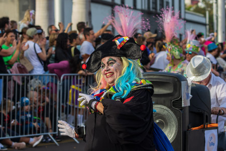 SANTA CRUZ DE TENERIFE, SPAIN - FEBRUARY 13, 2024: The Coso parade, Cavalcada - along the Avenida de Anaga, official end of Carnival. Amazing warm evening, joyful people in carnival costumes have fun.のeditorial素材