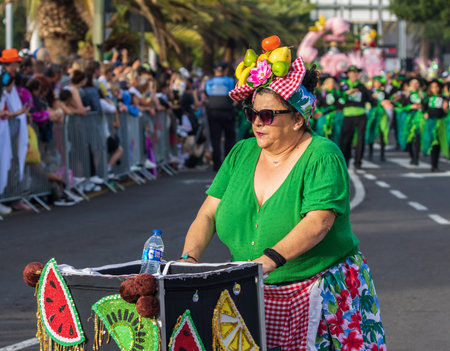 SANTA CRUZ DE TENERIFE, SPAIN - FEBRUARY 13, 2024: The Coso parade, Cavalcada - along the Avenida de Anaga, official end of Carnival. Amazing warm evening, joyful people in carnival costumes have fun.のeditorial素材