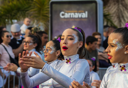 SANTA CRUZ DE TENERIFE, SPAIN - FEBRUARY 13, 2024: The Coso parade, Cavalcada - along the Avenida de Anaga, official end of Carnival. Amazing warm evening, joyful people in carnival costumes have fun.のeditorial素材