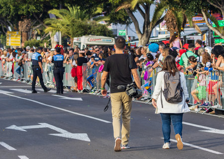 SANTA CRUZ DE TENERIFE, SPAIN - FEBRUARY 13, 2024: The Coso parade, Cavalcada - along the Avenida de Anaga, official end of Carnival. Amazing warm evening, joyful people in carnival costumes have fun.のeditorial素材