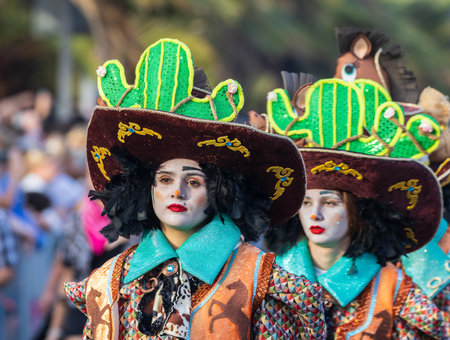 SANTA CRUZ DE TENERIFE, SPAIN - FEBRUARY 13, 2024: The Coso parade, Cavalcada - along the Avenida de Anaga, official end of Carnival. Amazing warm evening, joyful people in carnival costumes have fun.のeditorial素材