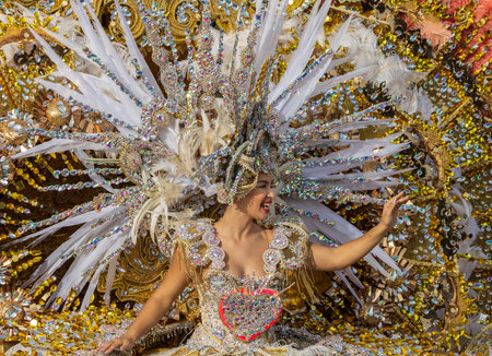 SANTA CRUZ DE TENERIFE, SPAIN - FEBRUARY 13, 2024: The Coso parade, Cavalcada - along the Avenida de Anaga, official end of Carnival. Amazing warm evening, joyful people in carnival costumes have fun.のeditorial素材