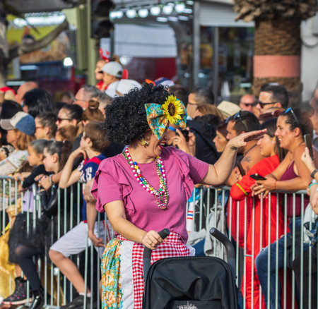 SANTA CRUZ DE TENERIFE, SPAIN - FEBRUARY 13, 2024: The Coso parade, Cavalcada - along the Avenida de Anaga, official end of Carnival. Amazing warm evening, joyful people in carnival costumes have fun.のeditorial素材