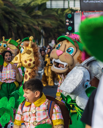 SANTA CRUZ DE TENERIFE, SPAIN - FEBRUARY 13, 2024: The Coso parade, Cavalcada - along the Avenida de Anaga, official end of Carnival. Amazing warm evening, joyful people in carnival costumes have fun.のeditorial素材
