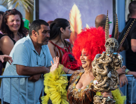 SANTA CRUZ DE TENERIFE, SPAIN - FEBRUARY 13, 2024: The Coso parade, Cavalcada - along the Avenida de Anaga, official end of Carnival. Amazing warm evening, joyful people in carnival costumes have fun.のeditorial素材