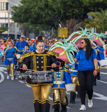 SANTA CRUZ DE TENERIFE, SPAIN - FEBRUARY 13, 2024: The Coso parade, Cavalcada - along the Avenida de Anaga, official end of Carnival. Amazing warm evening, joyful people in carnival costumes have fun.のeditorial素材