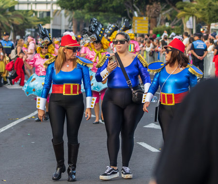 SANTA CRUZ DE TENERIFE, SPAIN - FEBRUARY 13, 2024: The Coso parade, Cavalcada - along the Avenida de Anaga, official end of Carnival. Amazing warm evening, joyful people in carnival costumes have fun.のeditorial素材
