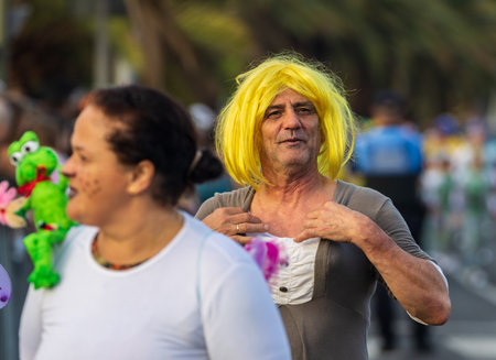 SANTA CRUZ DE TENERIFE, SPAIN - FEBRUARY 13, 2024: The Coso parade, Cavalcada - along the Avenida de Anaga, official end of Carnival. Amazing warm evening, joyful people in carnival costumes have fun.のeditorial素材