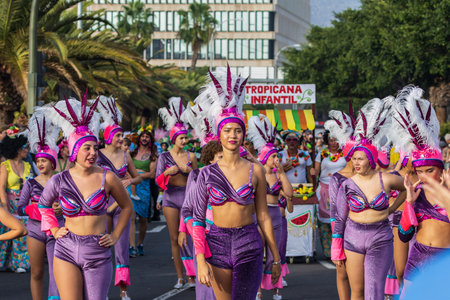 SANTA CRUZ DE TENERIFE, SPAIN - FEBRUARY 13, 2024: The Coso parade, Cavalcada - along the Avenida de Anaga, official end of Carnival. Amazing warm evening, joyful people in carnival costumes have fun.のeditorial素材