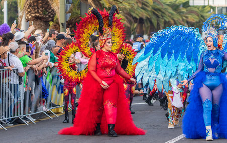 SANTA CRUZ DE TENERIFE, SPAIN - FEBRUARY 13, 2024: The Coso parade, Cavalcada - along the Avenida de Anaga, official end of Carnival. Amazing warm evening, joyful people in carnival costumes have fun.のeditorial素材