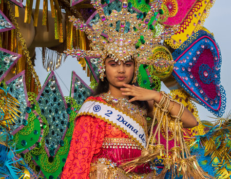 SANTA CRUZ DE TENERIFE, SPAIN - FEBRUARY 13, 2024: The Coso parade, Cavalcada - along the Avenida de Anaga, official end of Carnival. Amazing warm evening, joyful people in carnival costumes have fun.のeditorial素材