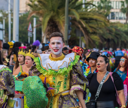 SANTA CRUZ DE TENERIFE, SPAIN - FEBRUARY 13, 2024: The Coso parade, Cavalcada - along the Avenida de Anaga, official end of Carnival. Amazing warm evening, joyful people in carnival costumes have fun.のeditorial素材