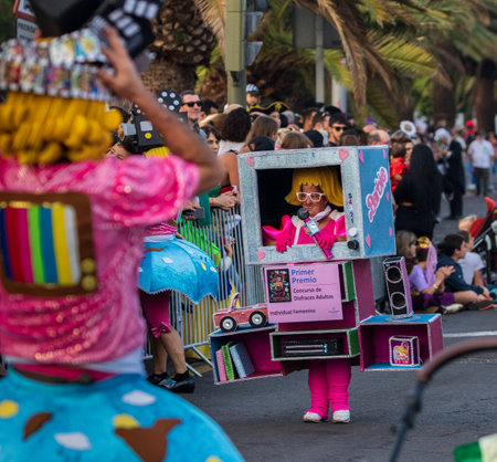 SANTA CRUZ DE TENERIFE, SPAIN - FEBRUARY 13, 2024: The Coso parade, Cavalcada - along the Avenida de Anaga, official end of Carnival. Amazing warm evening, joyful people in carnival costumes have fun.のeditorial素材
