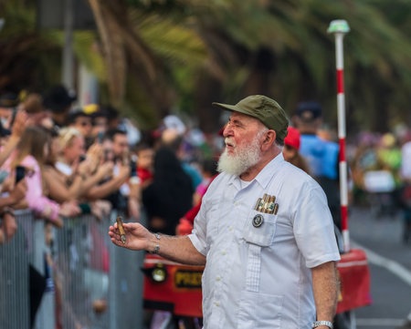 SANTA CRUZ DE TENERIFE, SPAIN - FEBRUARY 13, 2024: The Coso parade, Cavalcada - along the Avenida de Anaga, official end of Carnival. Amazing warm evening, joyful people in carnival costumes have fun.のeditorial素材