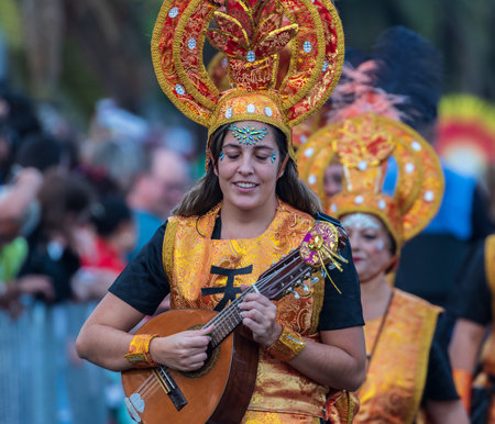 SANTA CRUZ DE TENERIFE, SPAIN - FEBRUARY 13, 2024: The Coso parade, Cavalcada - along the Avenida de Anaga, official end of Carnival. Amazing warm evening, joyful people in carnival costumes have fun.のeditorial素材