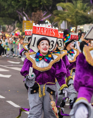 SANTA CRUZ DE TENERIFE, SPAIN - FEBRUARY 13, 2024: The Coso parade, Cavalcada - along the Avenida de Anaga, official end of Carnival. Amazing warm evening, joyful people in carnival costumes have fun.のeditorial素材