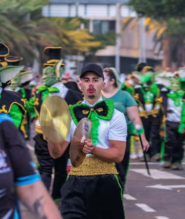 SANTA CRUZ DE TENERIFE, SPAIN - FEBRUARY 13, 2024: The Coso parade, Cavalcada - along the Avenida de Anaga, official end of Carnival. Amazing warm evening, joyful people in carnival costumes have fun.のeditorial素材