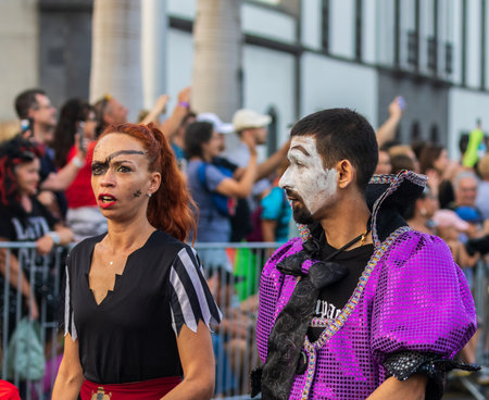 SANTA CRUZ DE TENERIFE, SPAIN - FEBRUARY 13, 2024: The Coso parade, Cavalcada - along the Avenida de Anaga, official end of Carnival. Amazing warm evening, joyful people in carnival costumes have fun.のeditorial素材