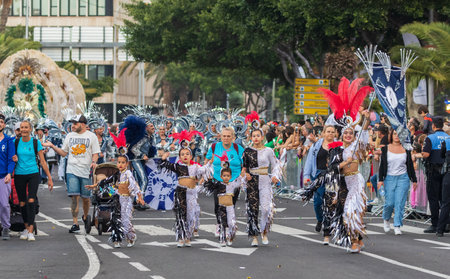 SANTA CRUZ DE TENERIFE, SPAIN - FEBRUARY 13, 2024: The Coso parade, Cavalcada - along the Avenida de Anaga, official end of Carnival. Amazing warm evening, joyful people in carnival costumes have fun.のeditorial素材