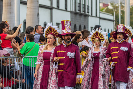 SANTA CRUZ DE TENERIFE, SPAIN - FEBRUARY 13, 2024: The Coso parade, Cavalcada - along the Avenida de Anaga, official end of Carnival. Amazing warm evening, joyful people in carnival costumes have fun.のeditorial素材