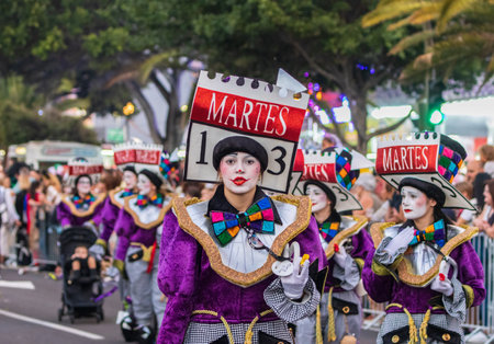 SANTA CRUZ DE TENERIFE, SPAIN - FEBRUARY 13, 2024: The Coso parade, Cavalcada - along the Avenida de Anaga, official end of Carnival. Amazing warm evening, joyful people in carnival costumes have fun.のeditorial素材