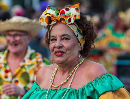 SANTA CRUZ DE TENERIFE, SPAIN - FEBRUARY 13, 2024: The Coso parade, Cavalcada - along the Avenida de Anaga, official end of Carnival. Amazing warm evening, joyful people in carnival costumes have fun.のeditorial素材