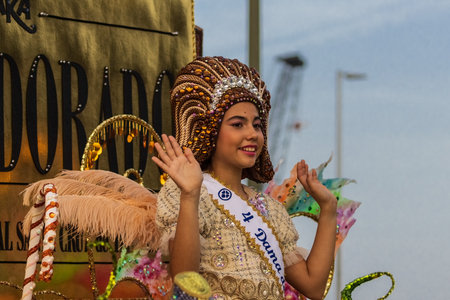 SANTA CRUZ DE TENERIFE, SPAIN - FEBRUARY 13, 2024: The Coso parade, Cavalcada - along the Avenida de Anaga, official end of Carnival. Amazing warm evening, joyful people in carnival costumes have fun.のeditorial素材