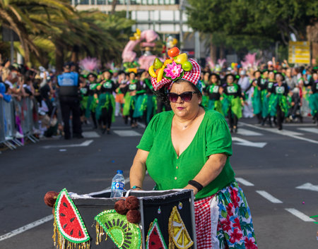 SANTA CRUZ DE TENERIFE, SPAIN - FEBRUARY 13, 2024: The Coso parade, Cavalcada - along the Avenida de Anaga, official end of Carnival. Amazing warm evening, joyful people in carnival costumes have fun.のeditorial素材