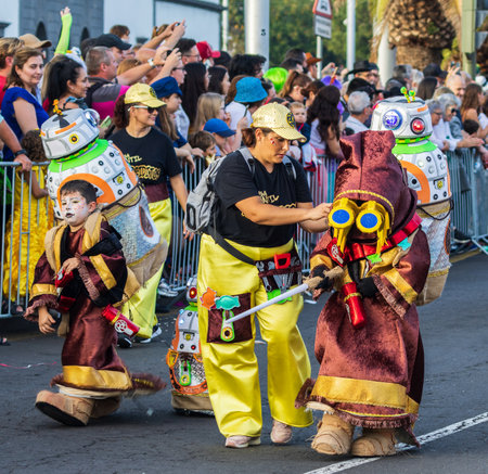 SANTA CRUZ DE TENERIFE, SPAIN - FEBRUARY 13, 2024: The Coso parade, Cavalcada - along the Avenida de Anaga, official end of Carnival. Amazing warm evening, joyful people in carnival costumes have fun.のeditorial素材