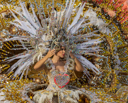 SANTA CRUZ DE TENERIFE, SPAIN - FEBRUARY 13, 2024: The Coso parade, Cavalcada - along the Avenida de Anaga, official end of Carnival. Amazing warm evening, joyful people in carnival costumes have fun.のeditorial素材