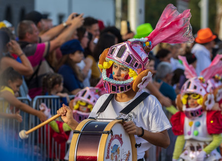 SANTA CRUZ DE TENERIFE, SPAIN - FEBRUARY 13, 2024: The Coso parade, Cavalcada - along the Avenida de Anaga, official end of Carnival. Amazing warm evening, joyful people in carnival costumes have fun.のeditorial素材