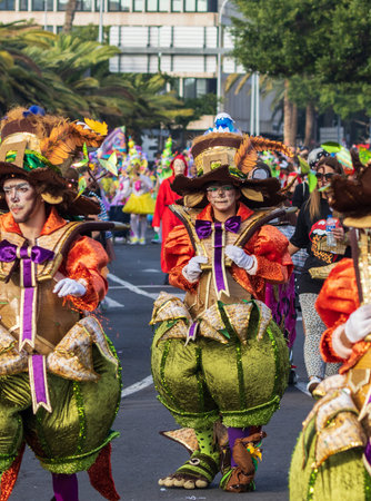 SANTA CRUZ DE TENERIFE, SPAIN - FEBRUARY 13, 2024: The Coso parade, Cavalcada - along the Avenida de Anaga, official end of Carnival. Amazing warm evening, joyful people in carnival costumes have fun.のeditorial素材