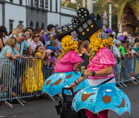 SANTA CRUZ DE TENERIFE, SPAIN - FEBRUARY 13, 2024: The Coso parade, Cavalcada - along the Avenida de Anaga, official end of Carnival. Amazing warm evening, joyful people in carnival costumes have fun.のeditorial素材