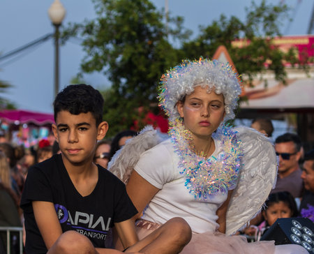 SANTA CRUZ DE TENERIFE, SPAIN - FEBRUARY 13, 2024: The Coso parade, Cavalcada - along the Avenida de Anaga, official end of Carnival. Amazing warm evening, joyful people in carnival costumes have fun.のeditorial素材