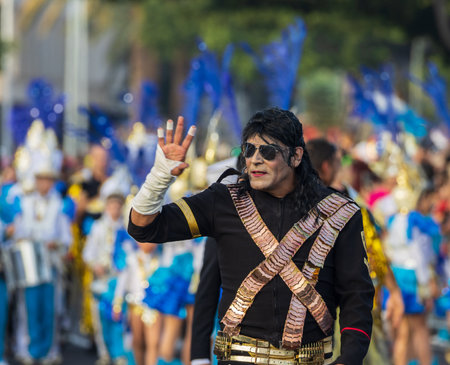 SANTA CRUZ DE TENERIFE, SPAIN - FEBRUARY 13, 2024: The Coso parade, Cavalcada - along the Avenida de Anaga, official end of Carnival. Amazing warm evening, joyful people in carnival costumes have fun.のeditorial素材