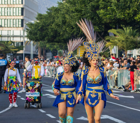 SANTA CRUZ DE TENERIFE, SPAIN - FEBRUARY 13, 2024: The Coso parade, Cavalcada - along the Avenida de Anaga, official end of Carnival. Amazing warm evening, joyful people in carnival costumes have fun.のeditorial素材