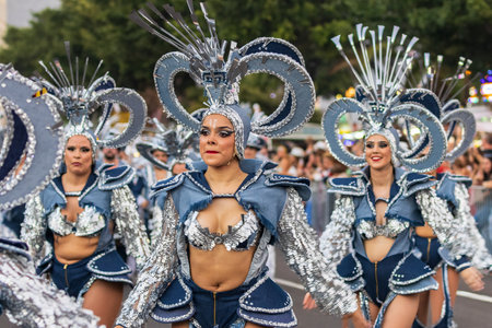 SANTA CRUZ DE TENERIFE, SPAIN - FEBRUARY 13, 2024: The Coso parade, Cavalcada - along the Avenida de Anaga, official end of Carnival. Amazing warm evening, joyful people in carnival costumes have fun.のeditorial素材