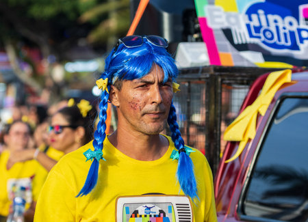 SANTA CRUZ DE TENERIFE, SPAIN - FEBRUARY 13, 2024: The Coso parade, Cavalcada - along the Avenida de Anaga, official end of Carnival. Amazing warm evening, joyful people in carnival costumes have fun.のeditorial素材