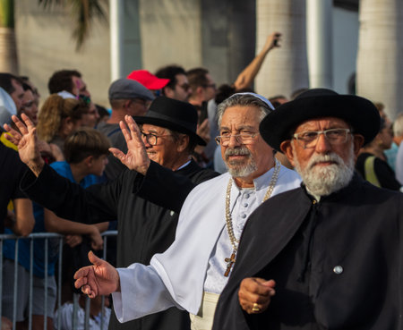 SANTA CRUZ DE TENERIFE, SPAIN - FEBRUARY 13, 2024: The Coso parade, Cavalcada - along the Avenida de Anaga, official end of Carnival. Amazing warm evening, joyful people in carnival costumes have fun.のeditorial素材