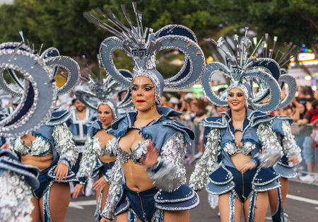 SANTA CRUZ DE TENERIFE, SPAIN - FEBRUARY 13, 2024: The Coso parade, Cavalcada - along the Avenida de Anaga, official end of Carnival. Amazing warm evening, joyful people in carnival costumes have fun.のeditorial素材