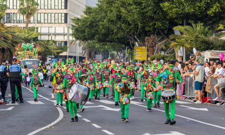 SANTA CRUZ DE TENERIFE, SPAIN - FEBRUARY 13, 2024: The Coso parade, Cavalcada - along the Avenida de Anaga, official end of Carnival. Amazing warm evening, joyful people in carnival costumes have fun.のeditorial素材