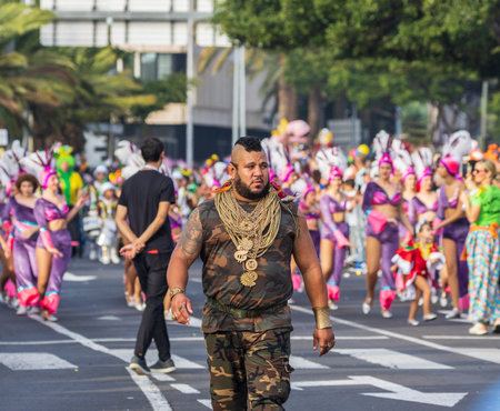 SANTA CRUZ DE TENERIFE, SPAIN - FEBRUARY 13, 2024: The Coso parade, Cavalcada - along the Avenida de Anaga, official end of Carnival. Amazing warm evening, joyful people in carnival costumes have fun.のeditorial素材
