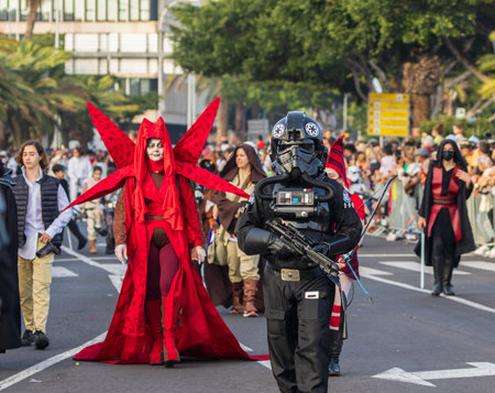 SANTA CRUZ DE TENERIFE, SPAIN - FEBRUARY 13, 2024: The Coso parade, Cavalcada - along the Avenida de Anaga, official end of Carnival. Amazing warm evening, joyful people in carnival costumes have fun.のeditorial素材
