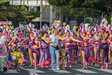 SANTA CRUZ DE TENERIFE, SPAIN - FEBRUARY 13, 2024: The Coso parade, Cavalcada - along the Avenida de Anaga, official end of Carnival. Amazing warm evening, joyful people in carnival costumes have fun.のeditorial素材