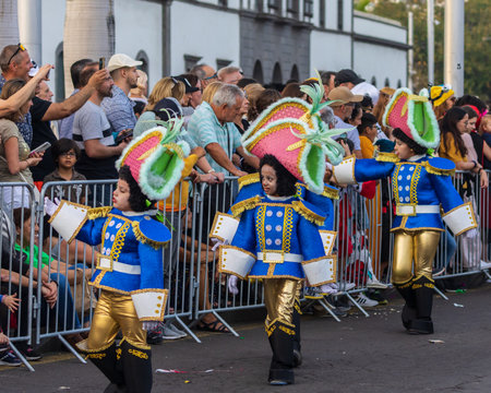 SANTA CRUZ DE TENERIFE, SPAIN - FEBRUARY 13, 2024: The Coso parade, Cavalcada - along the Avenida de Anaga, official end of Carnival. Amazing warm evening, joyful people in carnival costumes have fun.のeditorial素材